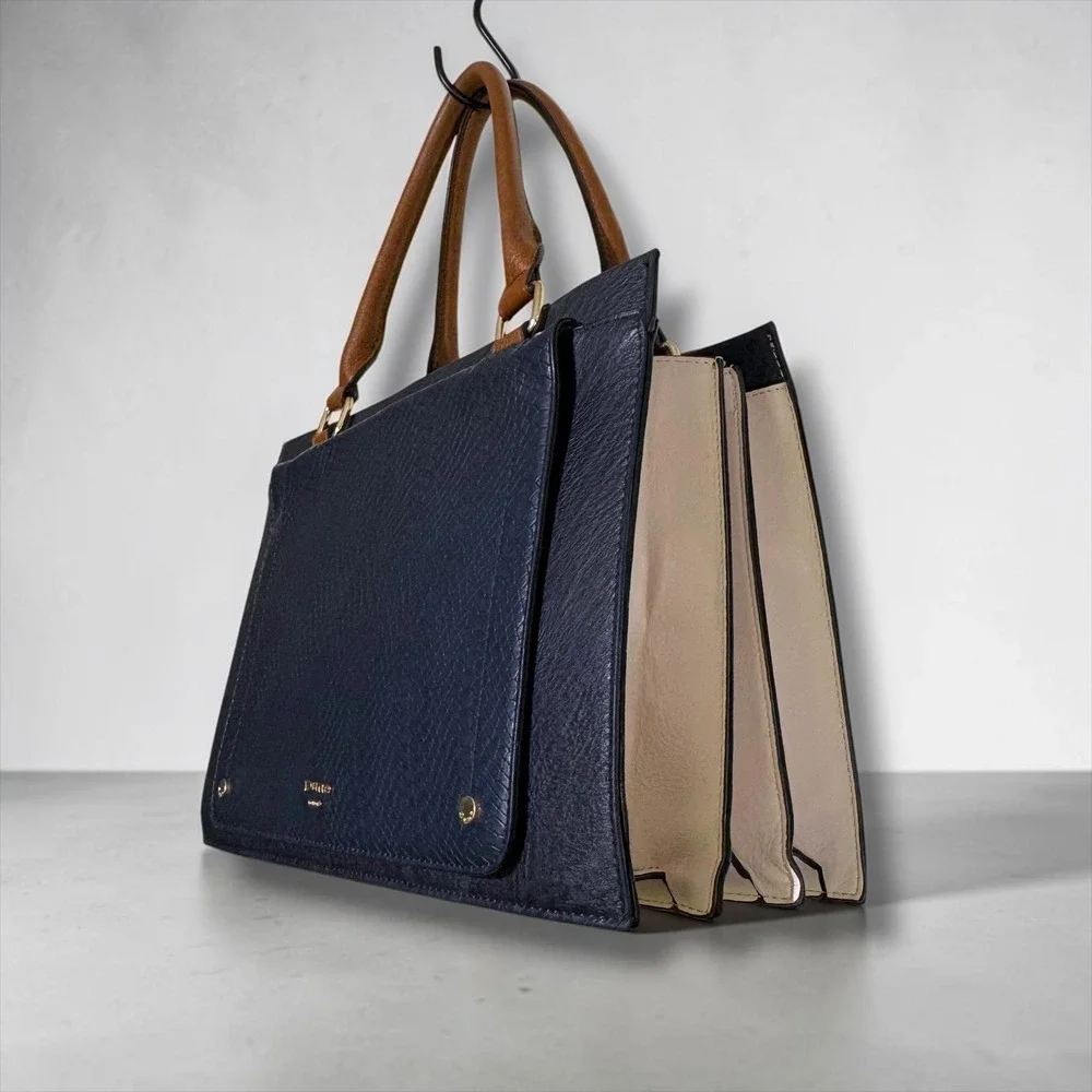 Dune London Navy Blue Snakeskin Embossed Satchel Bag Tan Handles Gold Hardware